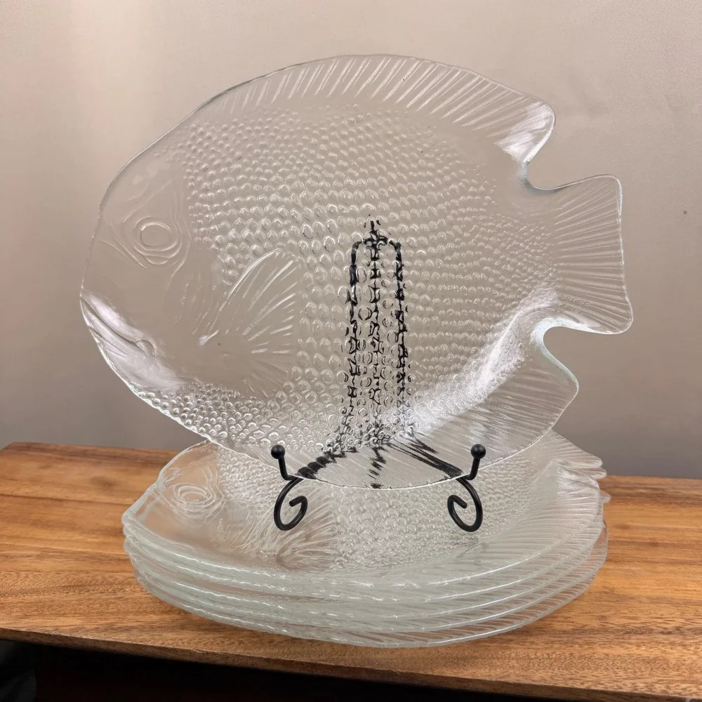 Arcoroc France Clear Glass Fish Plates Set of 6 Textured Coastal Plates